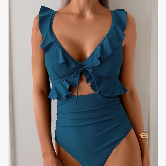 Elegant Blue Cutout, Ruffle One-Piece Swimsuit - Picture 3 of 4